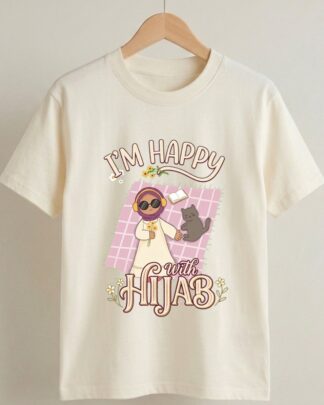 Tesettür - "I'm Happy With Hijab" Kız Çocuk Tişörtü - %100 pamuklu - Ekru